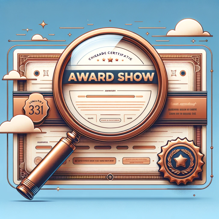 Wide vector header design set against a light blue background, where a large bronze certificate lies horizontally. The certificate prominently displays the text 'Award Show'