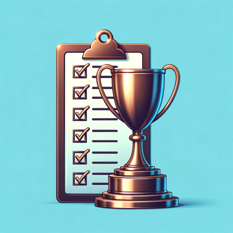 Wide vector design set against a light blue background. In the center, a bronze checklist stands tall, with tick marks indicating completed tasks. Atop the checklist, a gleaming trophy rests, symbolizing the achievement of meeting all award requirements and emphasizing the importance of thoroughness.
