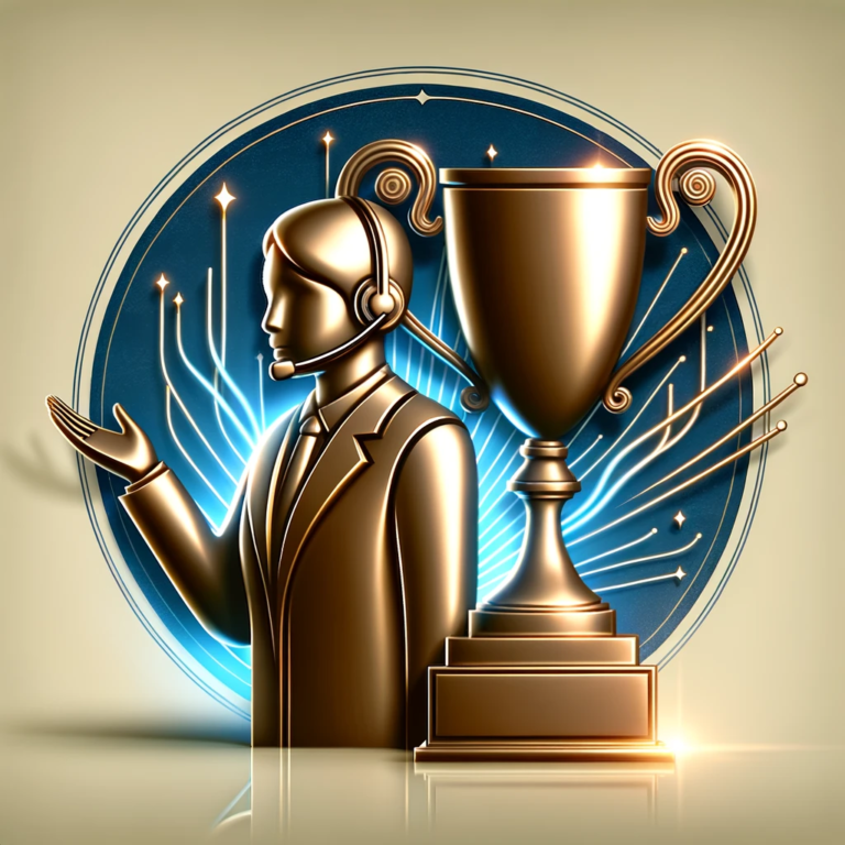 Wide vector design with a gradient of light blue. A bronze guidance counselor, possibly depicted with a headset or a guiding hand, stands in the foreground. Adjacent to the counselor, a luminous trophy gleams, signifying the achievements possible with expert guidance.